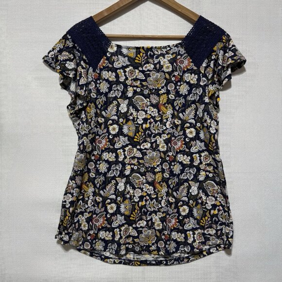Liz Claiborne Blue Flower Lace Square Neck Blouse Cap Short Sleeve Women's Sm - Picture 2 of 7